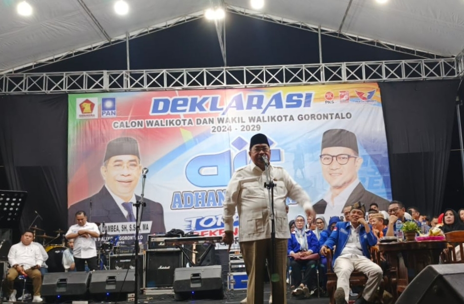Suasana deklarasi pasangan Adhan-Indra (AIR) sebagai pasangan Calon Wali dan Wakil Wali kota Gorontalo tahun 2024 pada Minggu (26/08/2024), malam. (Foto : AID/Republish.id)