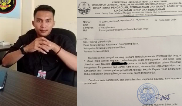 Ketua LSM Galaksi Sulut, Rheinal Mokodompis dan surat resmi yang diterbitkan oleh KLHK. (Foto : Kolase Foto Republish.id)