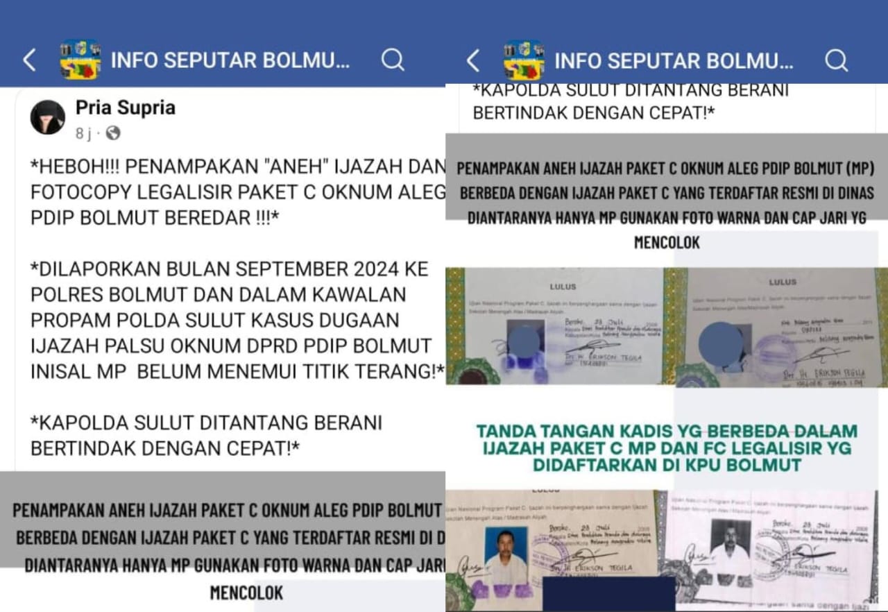 Foto dugaan Ijazah palsu anggota legislatif DPRD Bolmut beredar di medsos.(Foto : Potongan gambar/Republish.id)