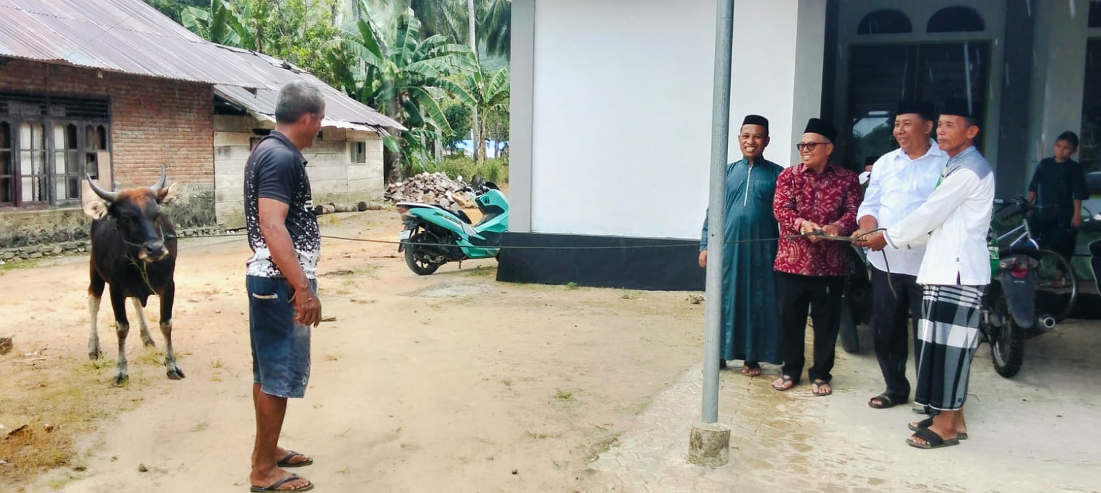 Terlihat Ketua DPC PDI Perjuangan Bolmut serahkan bantuan sapi kurban untuk masyarakat Desa Inomunga. (Doc. Istimewa)